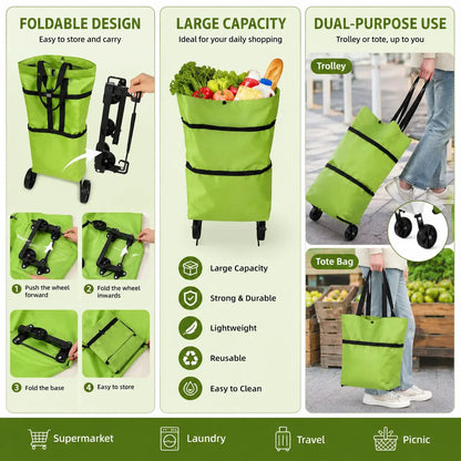 Foldable Shopping Trolley Bag with Wheels, Portable Reusable Grocery Tote, Lightweight Rolling Shopping Cart Bag with Carry Handles