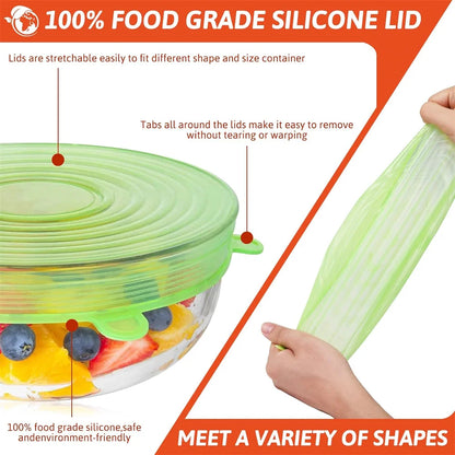 6Pcs Reusable Silicone Stretch Lids for fit bowls, cups, fruits & more.