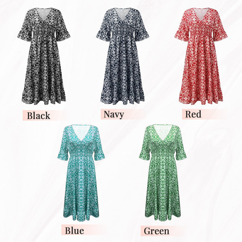 💖LAST DAY SALE 50% OFF💖Bohemian Casual Print V-neck Waist Wrap Long Dress
