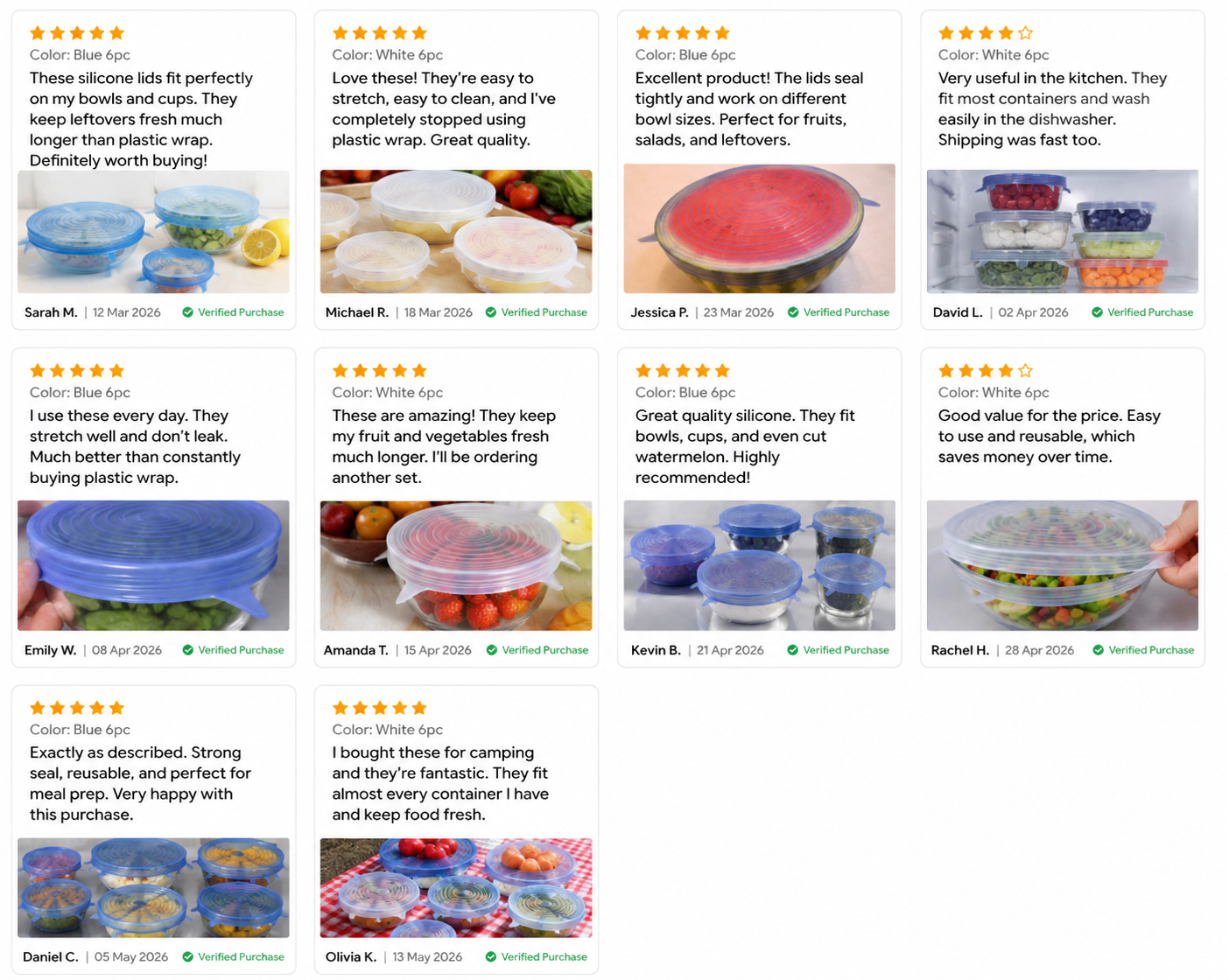 6Pcs Reusable Silicone Stretch Lids for fit bowls, cups, fruits & more.