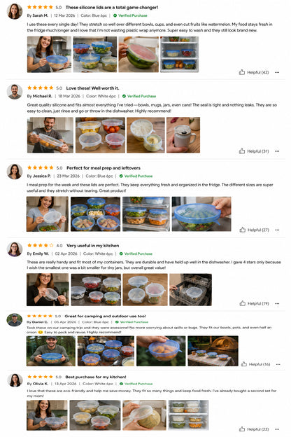 6Pcs Reusable Silicone Stretch Lids for fit bowls, cups, fruits & more.