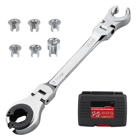 7-in-1 Ratcheting Flare Nut Wrench Set, 8–14mm