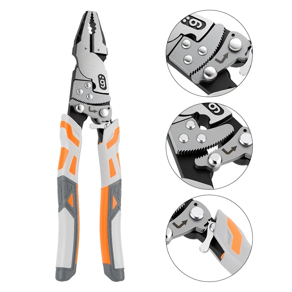 Self-locking ratchet pliers with close-ups of the mechanism and release controls