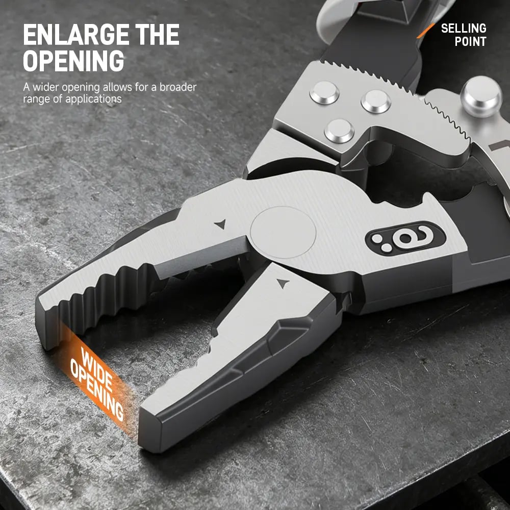 Wide-opening jaws and serrated gripping surfaces